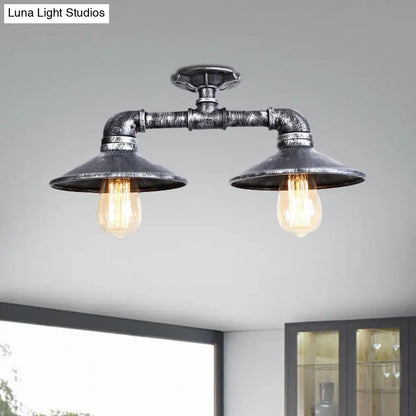 DecorBites™ DecorBites™ Wrought Iron Saucer Semi Flush Light - Retro Industrial Style - 2 Lights - Living Room Ceiling Mount in Bronze/Aged Silver