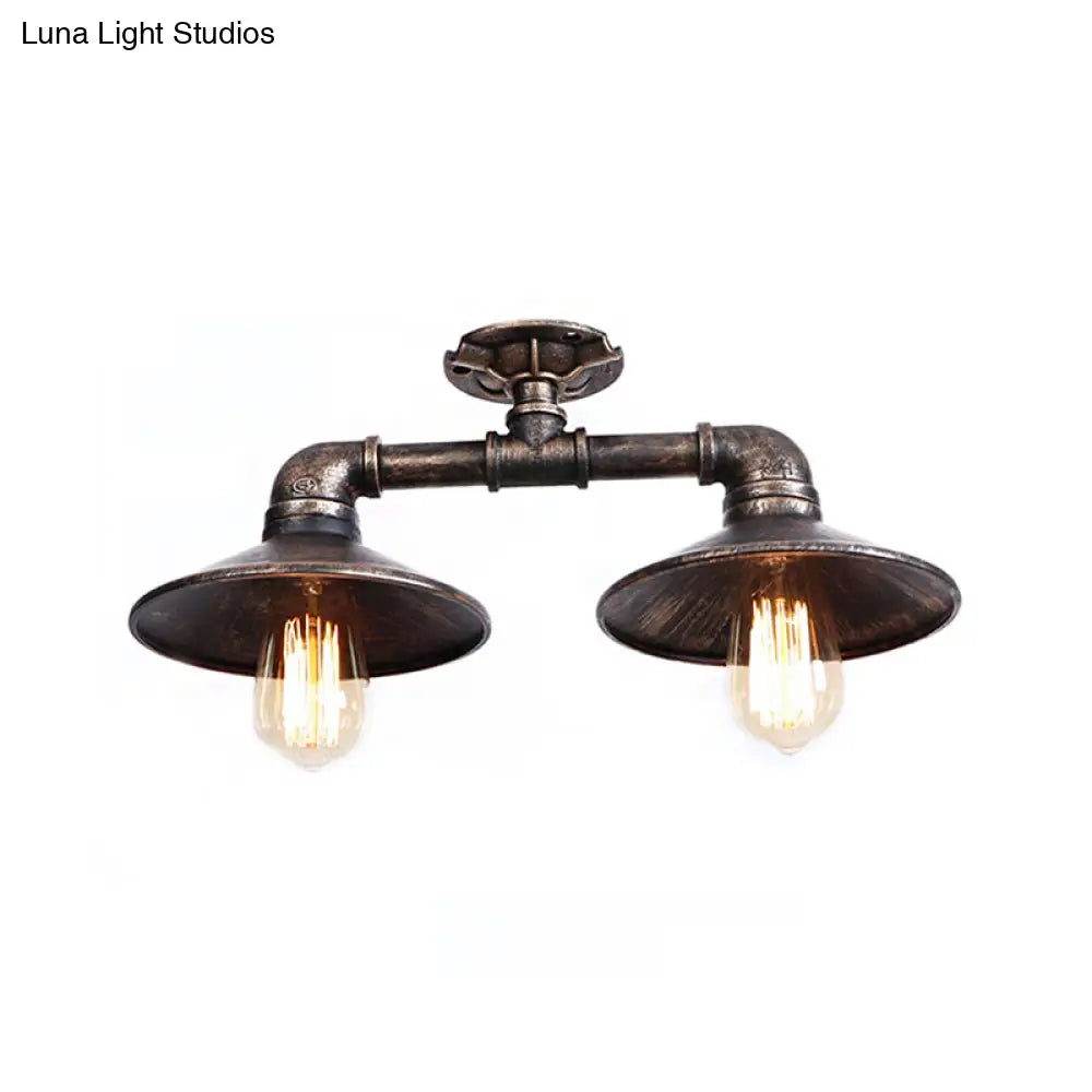 DecorBites™ DecorBites™ Wrought Iron Saucer Semi Flush Light - Retro Industrial Style - 2 Lights - Living Room Ceiling Mount in Bronze/Aged Silver