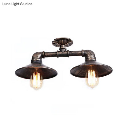 DecorBites™ DecorBites™ Wrought Iron Saucer Semi Flush Light - Retro Industrial Style - 2 Lights - Living Room Ceiling Mount in Bronze/Aged Silver