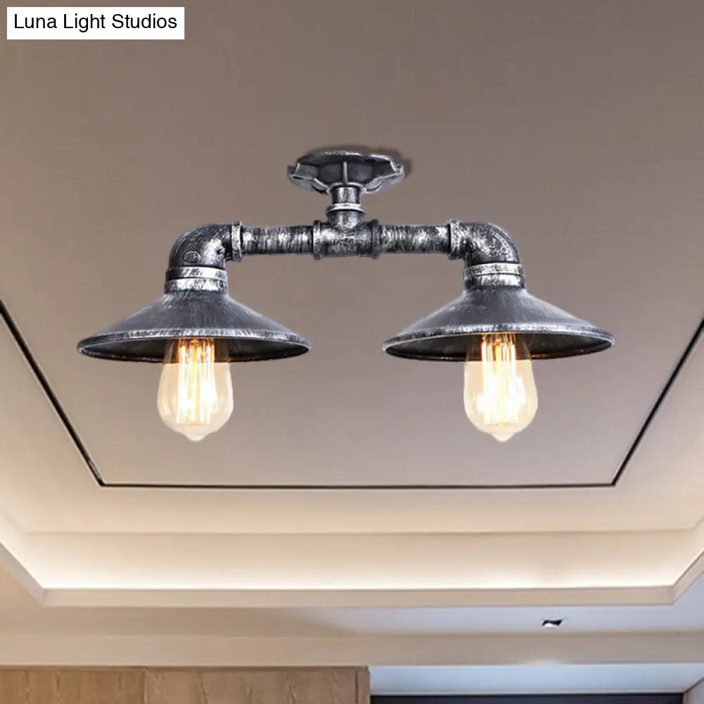 DecorBites™ DecorBites™ Wrought Iron Saucer Semi Flush Light - Retro Industrial Style - 2 Lights - Living Room Ceiling Mount in Bronze/Aged Silver