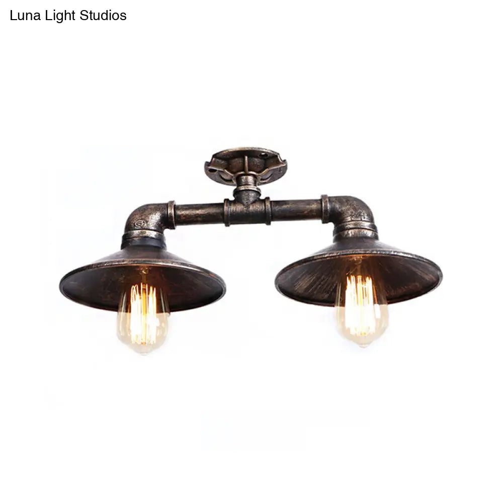 DecorBites™ DecorBites™ Wrought Iron Saucer Semi Flush Light - Retro Industrial Style - 2 Lights - Living Room Ceiling Mount in Bronze/Aged Silver