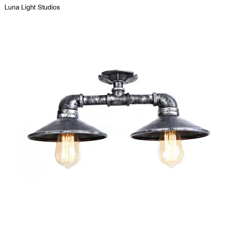 DecorBites™ DecorBites™ Wrought Iron Saucer Semi Flush Light - Retro Industrial Style - 2 Lights - Living Room Ceiling Mount in Bronze/Aged Silver