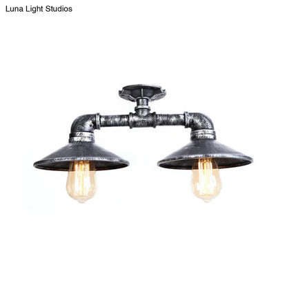 DecorBites™ DecorBites™ Wrought Iron Saucer Semi Flush Light - Retro Industrial Style - 2 Lights - Living Room Ceiling Mount in Bronze/Aged Silver
