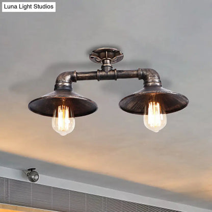 DecorBites™ DecorBites™ Wrought Iron Saucer Semi Flush Light - Retro Industrial Style - 2 Lights - Living Room Ceiling Mount in Bronze/Aged Silver