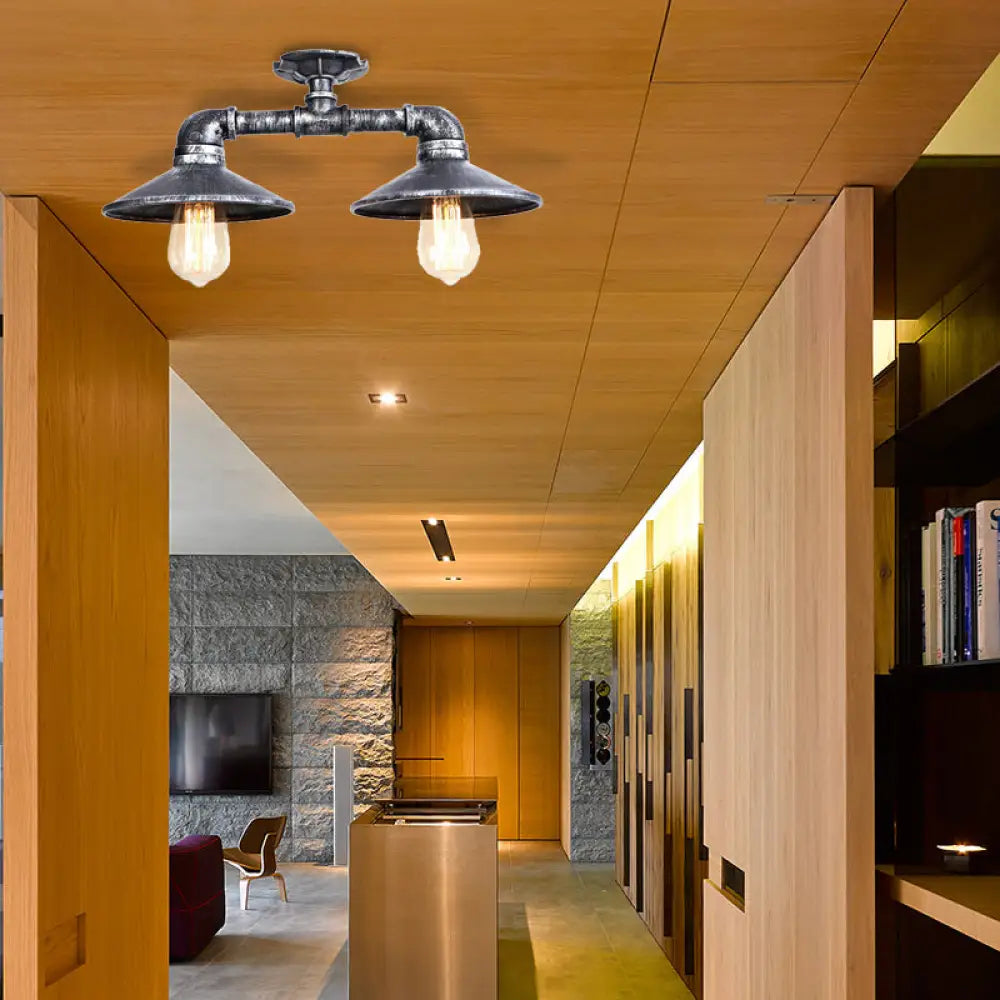 DecorBites™ DecorBites™ Wrought Iron Saucer Semi Flush Light - Retro Industrial Style - 2 Lights - Living Room Ceiling Mount in Bronze/Aged Silver