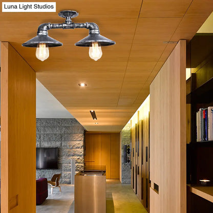 DecorBites™ DecorBites™ Wrought Iron Saucer Semi Flush Light - Retro Industrial Style - 2 Lights - Living Room Ceiling Mount in Bronze/Aged Silver