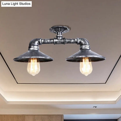 DecorBites™ DecorBites™ Wrought Iron Saucer Semi Flush Light - Retro Industrial Style - 2 Lights - Living Room Ceiling Mount in Bronze/Aged Silver