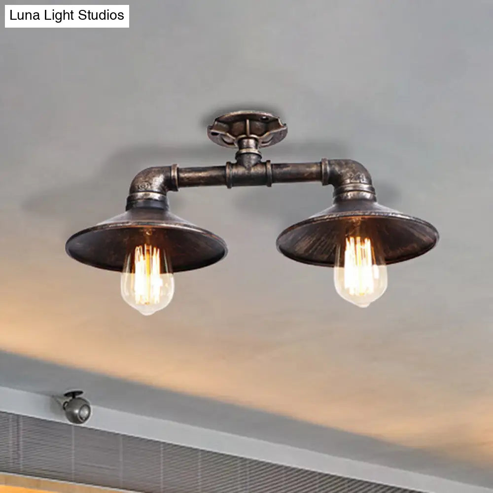 DecorBites™ DecorBites™ Wrought Iron Saucer Semi Flush Light - Retro Industrial Style - 2 Lights - Living Room Ceiling Mount in Bronze/Aged Silver