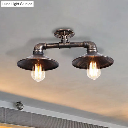 DecorBites™ DecorBites™ Wrought Iron Saucer Semi Flush Light - Retro Industrial Style - 2 Lights - Living Room Ceiling Mount in Bronze/Aged Silver