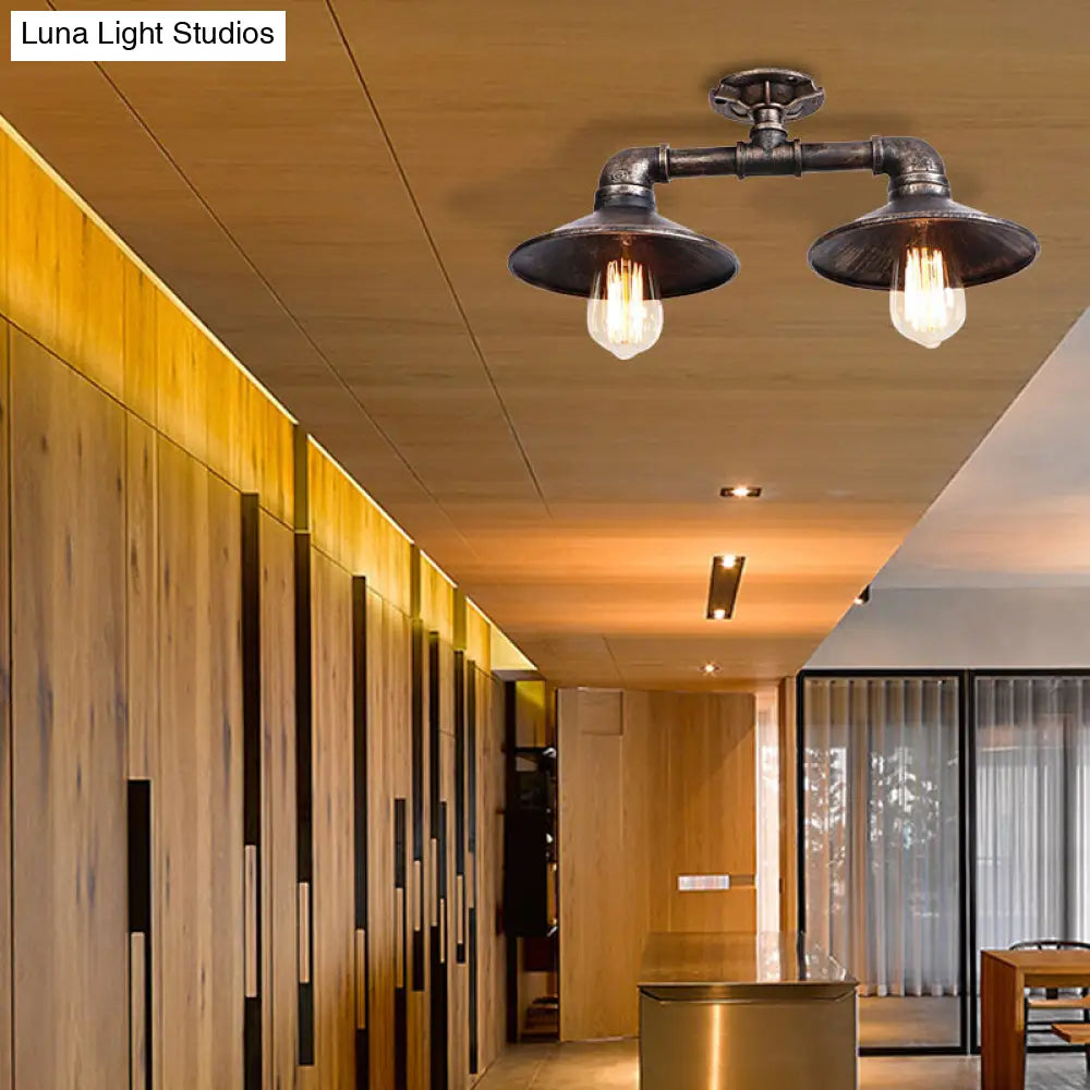 DecorBites™ DecorBites™ Wrought Iron Saucer Semi Flush Light - Retro Industrial Style - 2 Lights - Living Room Ceiling Mount in Bronze/Aged Silver