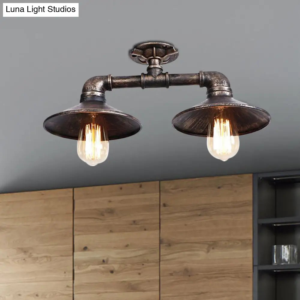 DecorBites™ DecorBites™ Wrought Iron Saucer Semi Flush Light - Retro Industrial Style - 2 Lights - Living Room Ceiling Mount in Bronze/Aged Silver