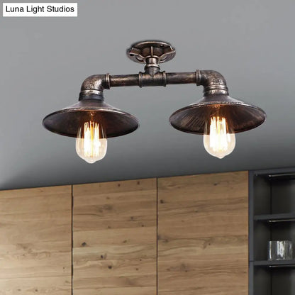DecorBites™ DecorBites™ Wrought Iron Saucer Semi Flush Light - Retro Industrial Style - 2 Lights - Living Room Ceiling Mount in Bronze/Aged Silver
