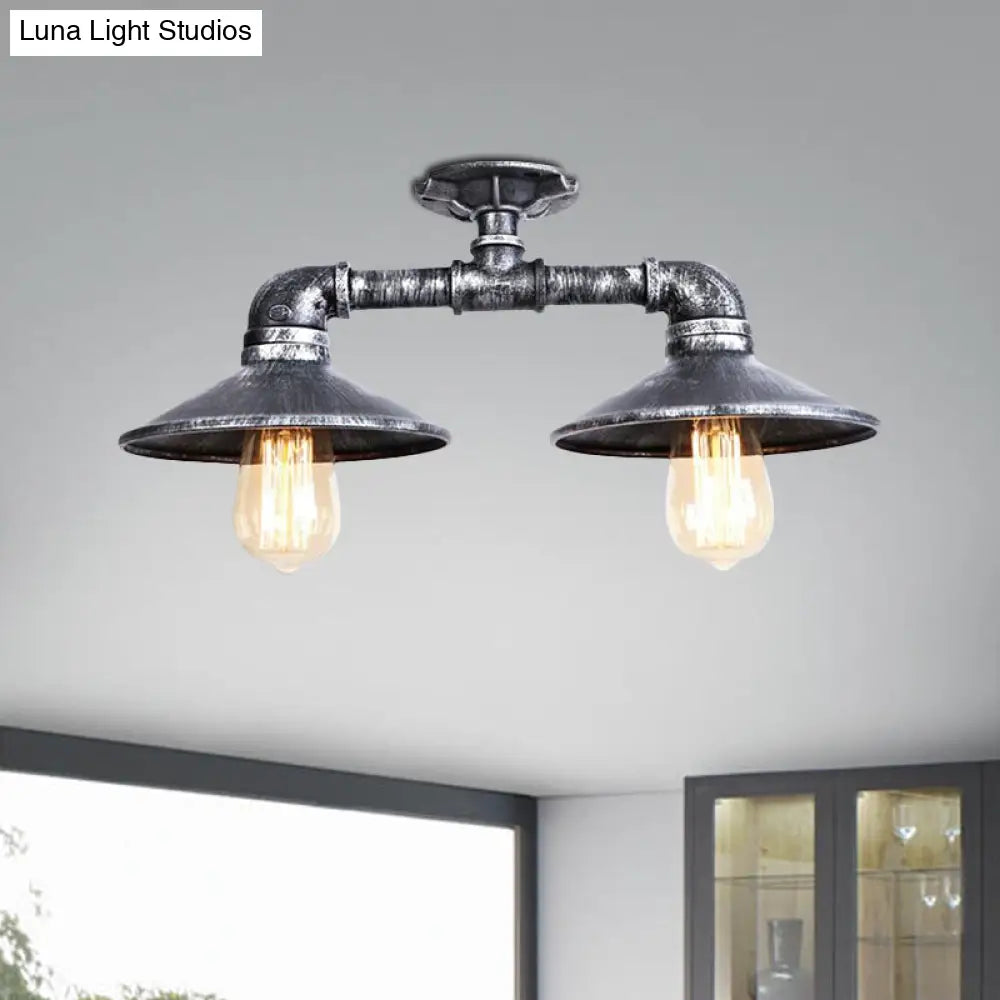 DecorBites™ DecorBites™ Wrought Iron Saucer Semi Flush Light - Retro Industrial Style - 2 Lights - Living Room Ceiling Mount in Bronze/Aged Silver