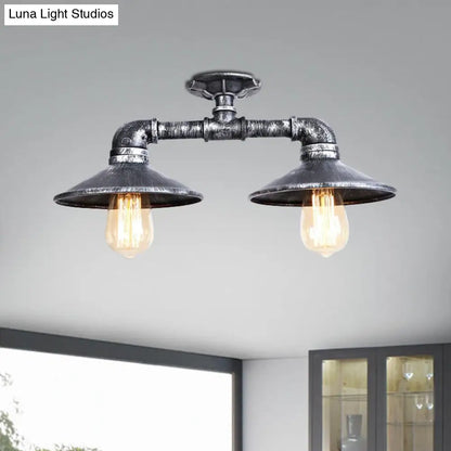 DecorBites™ DecorBites™ Wrought Iron Saucer Semi Flush Light - Retro Industrial Style - 2 Lights - Living Room Ceiling Mount in Bronze/Aged Silver