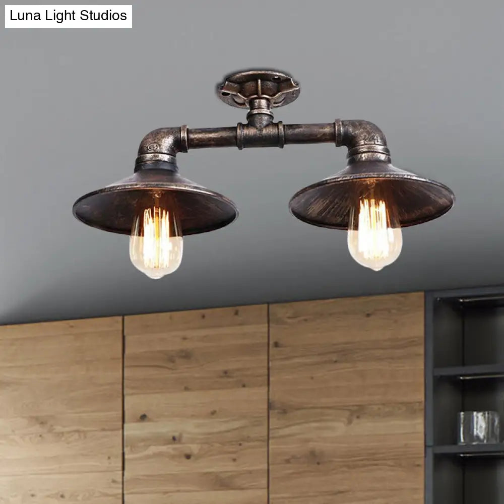 DecorBites™ DecorBites™ Wrought Iron Saucer Semi Flush Light - Retro Industrial Style - 2 Lights - Living Room Ceiling Mount in Bronze/Aged Silver