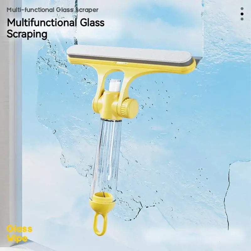 Yellow 4-in-1 window cleaning brush with squeegee featuring a clear water reservoir and white sponge head for window cleaning