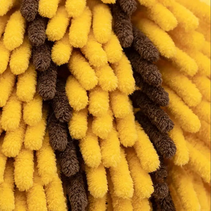 Yellow and black bee shape chenille hand towel featuring a plush fuzzy car wash mitt with yellow and brown microfiber bristles