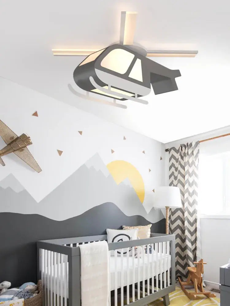 Black and white modern cartoon helicopter ceiling light with illuminated windows for children room decorbites ceiling light