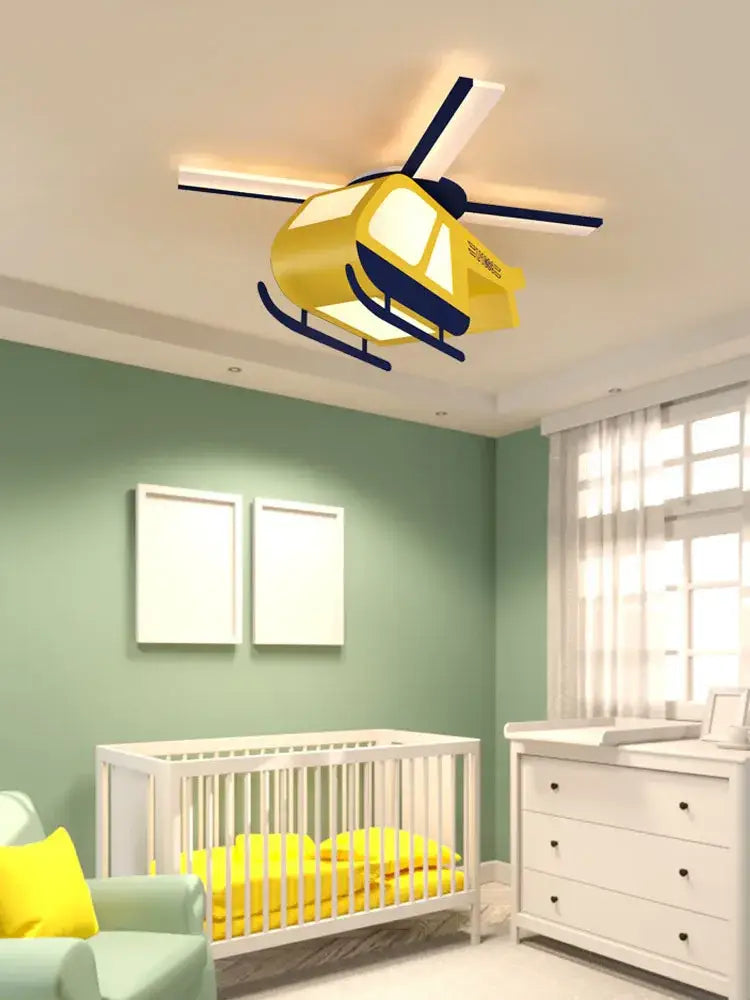 Yellow and black cartoon helicopter ceiling light with black rotor blades and landing skids for children room decorbites ceiling light