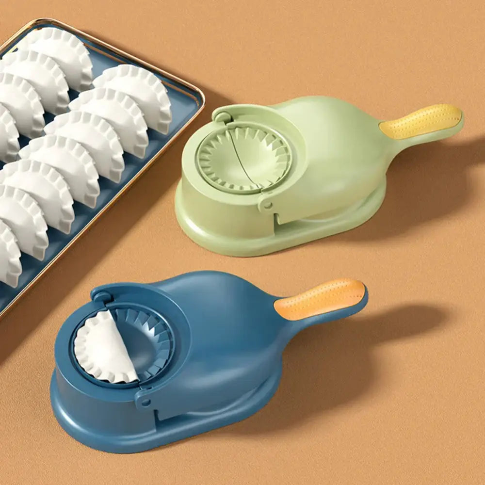 Yellow and blue 2-in-1 dumpling maker set with mint green and navy blue plastic makers and orange handles for dough pressing