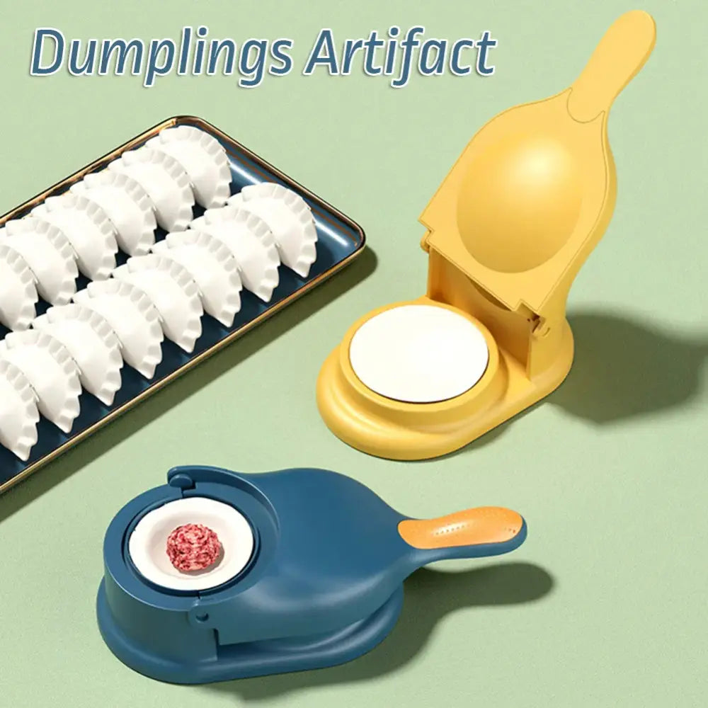 Yellow and blue dumpling maker set with orange handle and circular press for shaping pleated dough dumplings