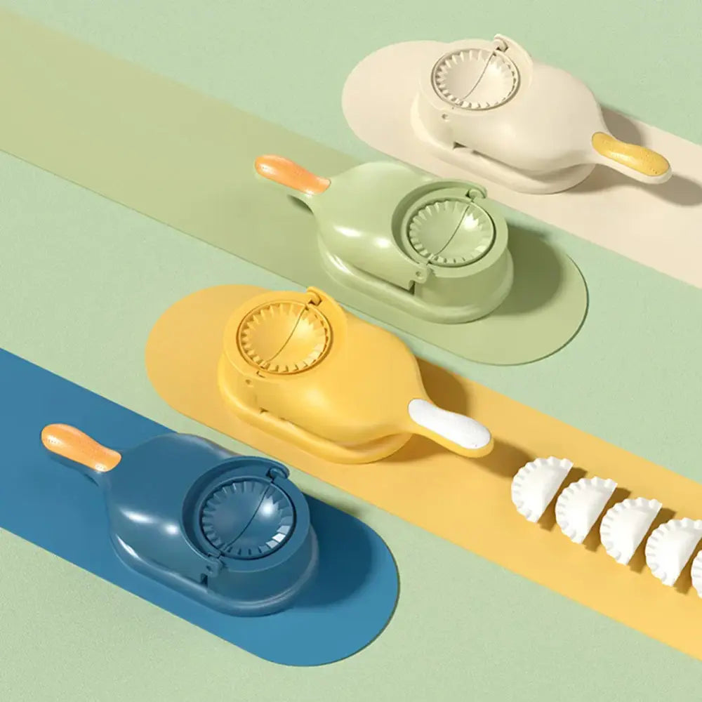 Set of four colorful plastic dumpling maker set with orange handles and matching bases for kitchen dough pressing