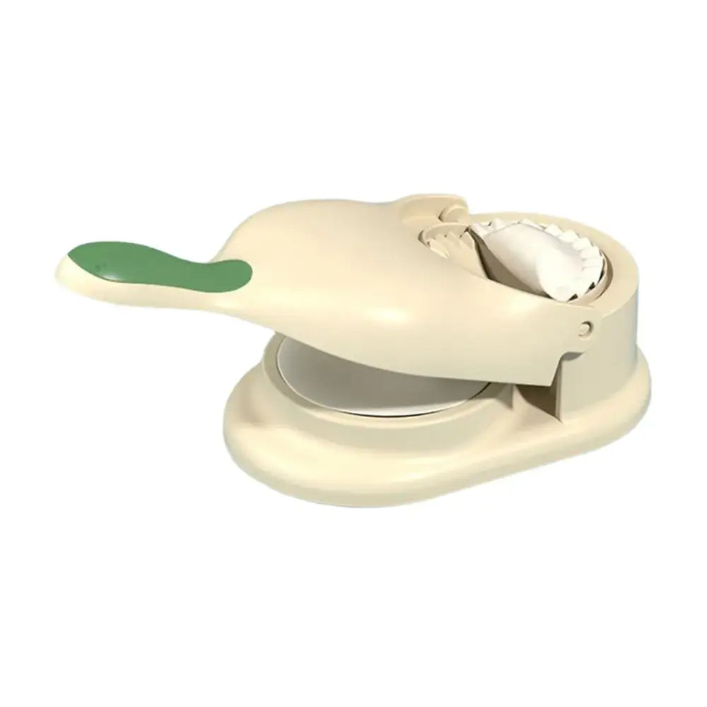 Cream-colored plastic dumpling maker with green handle and circular press in yellow and blue 2-in-1 dumpling maker set