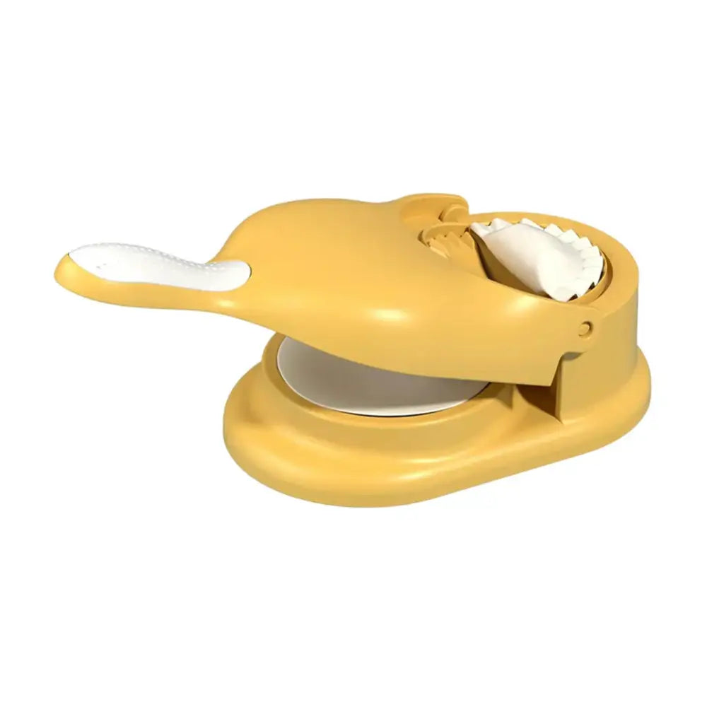Yellow plastic dumpling maker with white handle and interior from yellow and blue 2-in-1 dumpling maker set