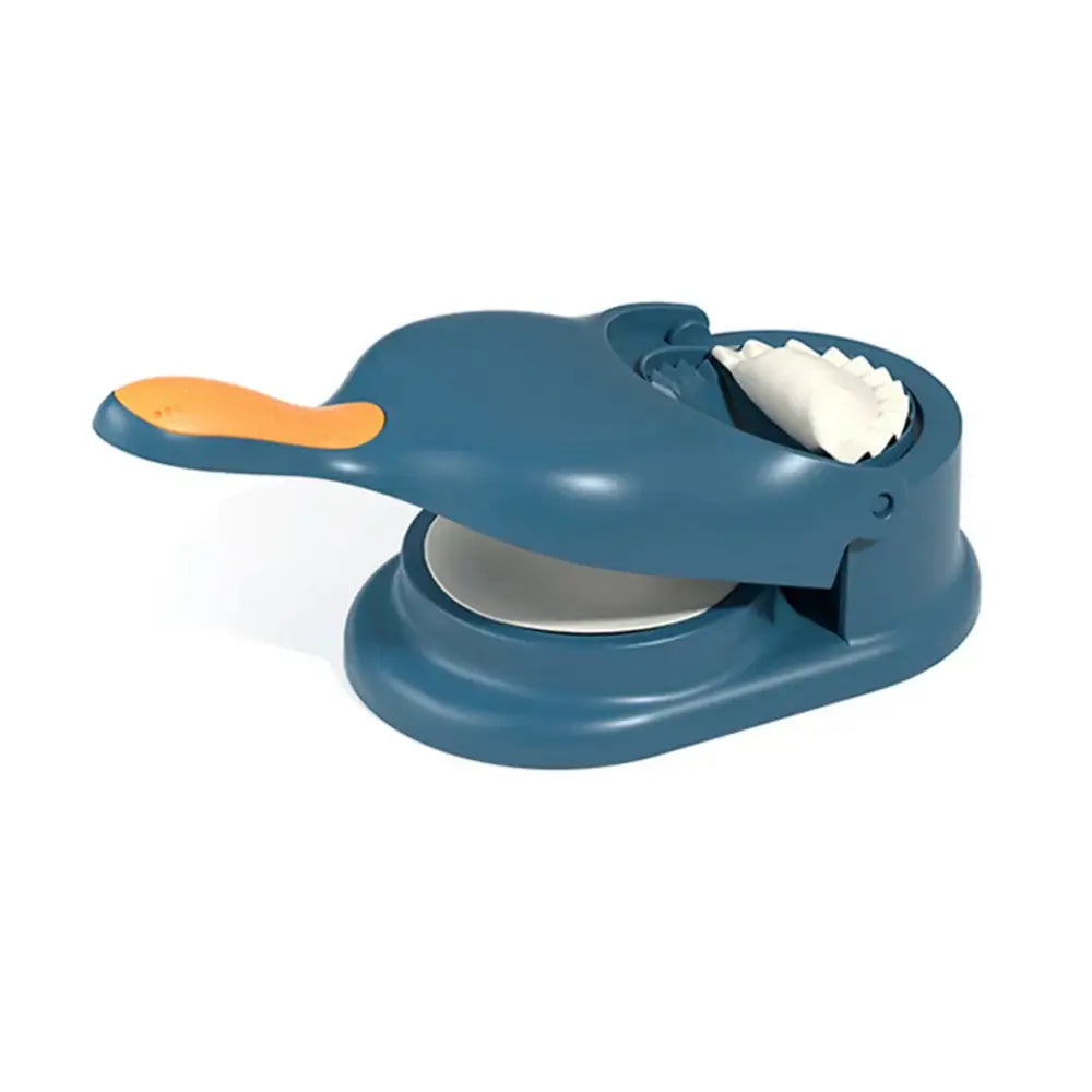 Blue and orange plastic dumpling maker set with white dough-filled mold for kitchen use in a 2-in-1 dumpling maker set