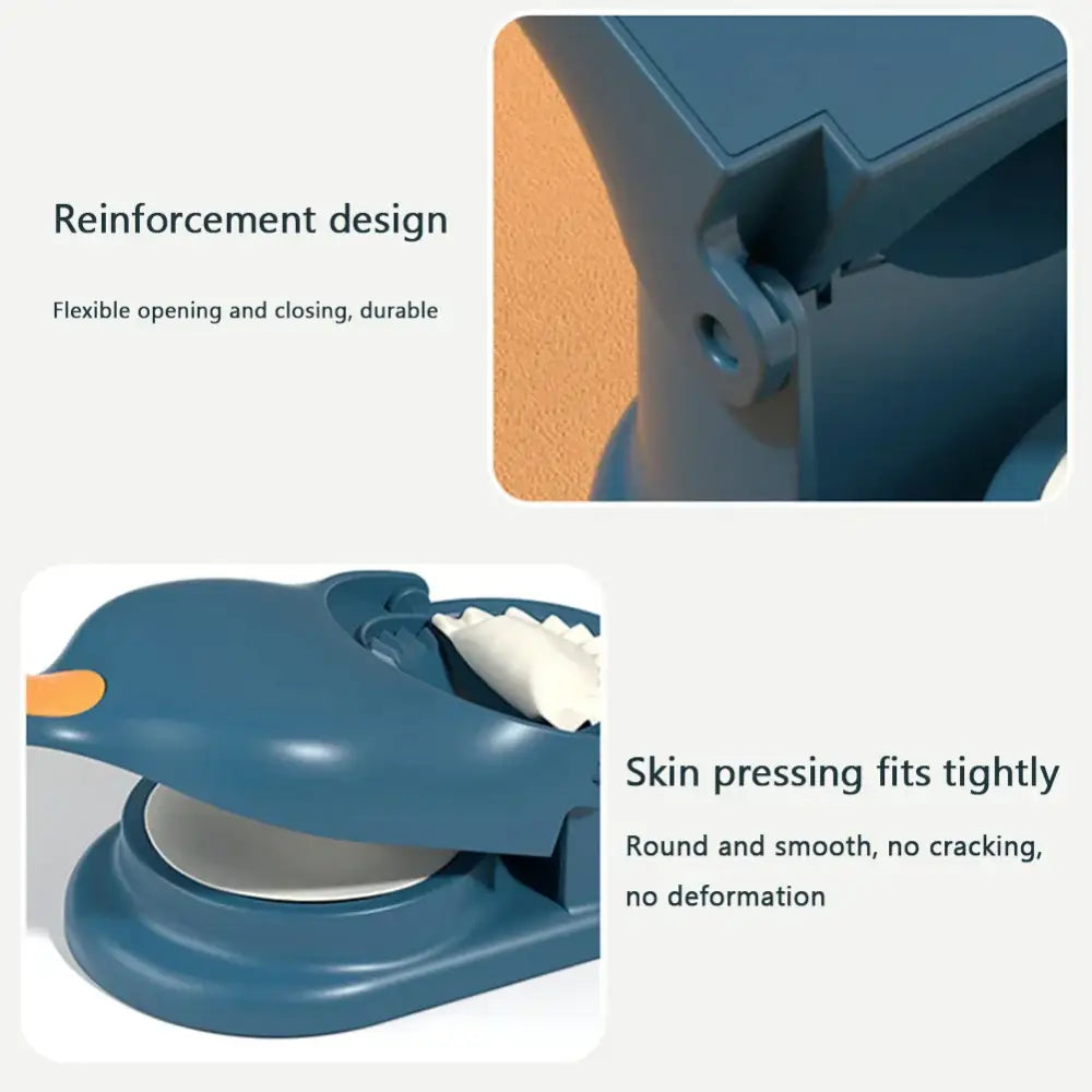Blue plastic dolphin-shaped dumpling maker with orange nose and white interior in yellow and blue 2-in-1 maker set