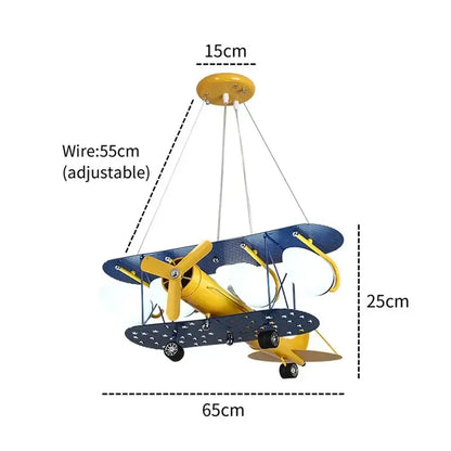 Yellow and blue vintage-style airplane chandelier led featuring a biplane design for boys bedroom ceiling lighting