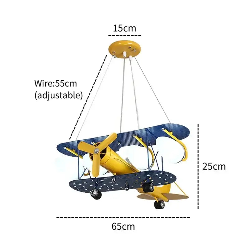 Yellow and blue vintage-style airplane chandelier led featuring a biplane design for boys bedroom ceiling lighting