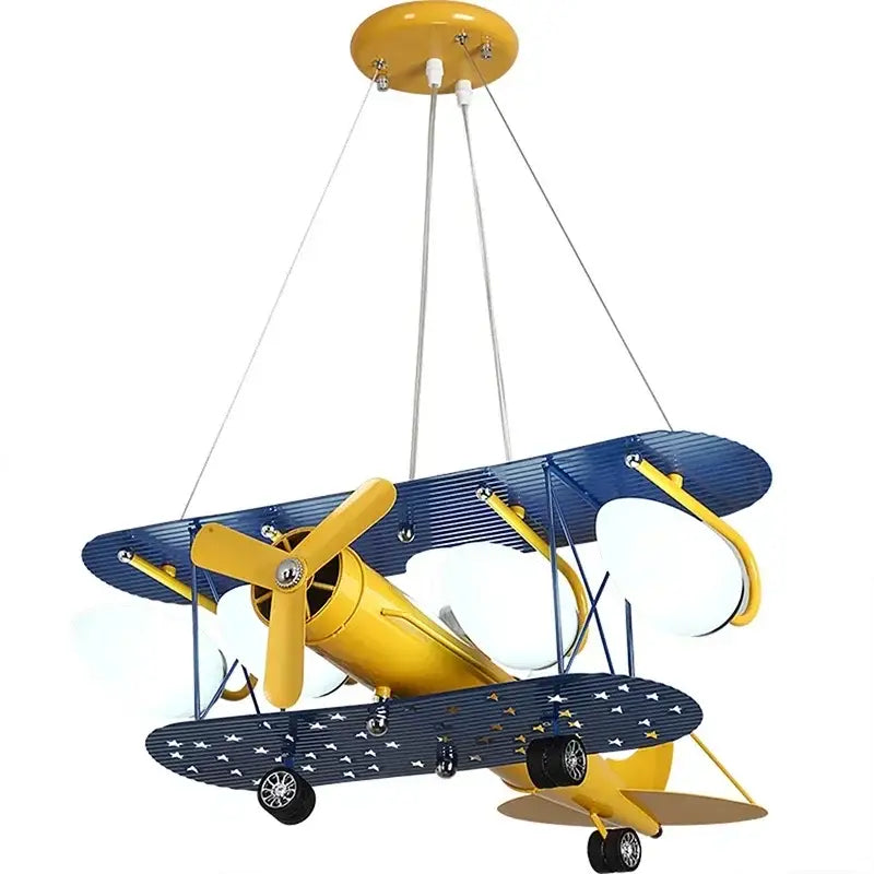 Yellow and blue biplane airplane chandelier led with star-patterned wings for boys bedroom chandelier led lights