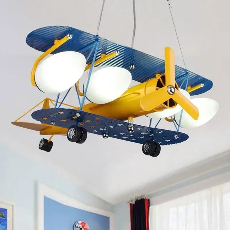 Vibrant yellow and blue airplane chandelier led with white globe lamps for boys bedroom ceiling lighting fixture