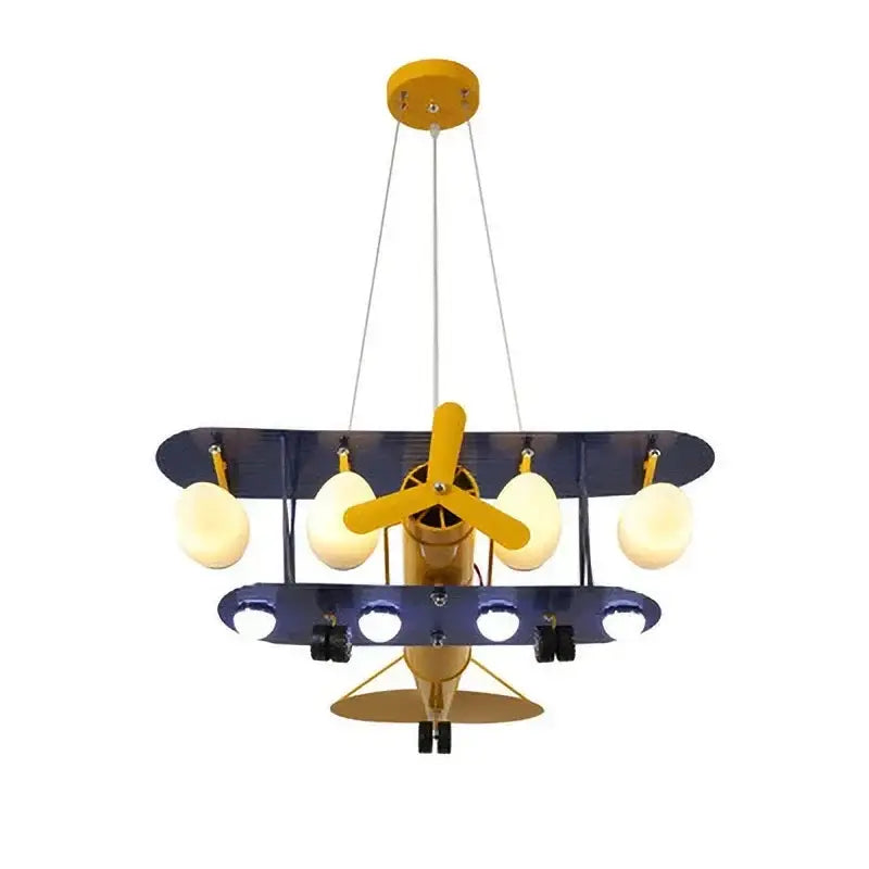 Navy blue and gold airplane chandelier led lights feature four warm globe bulbs, ideal for boys bedroom lighting