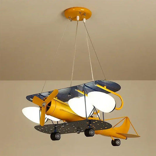 Yellow and blue biplane airplane chandelier led with white circular lamps for boys bedroom ceiling lighting fixture