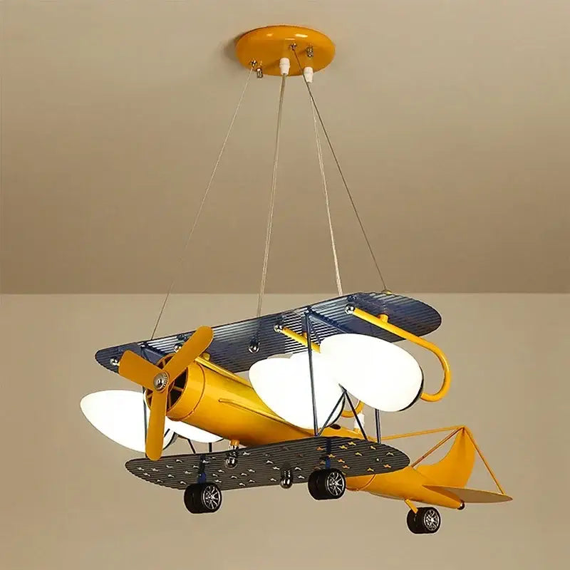 Yellow and blue biplane airplane chandelier led with white circular lamps for boys bedroom ceiling lighting fixture