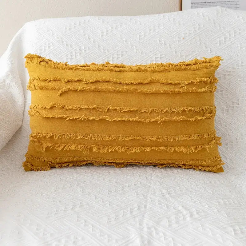 Mustard-yellow pillow cover with horizontal frayed stripes made of soft textured fabric for decorbites daisy floral embroidery decor
