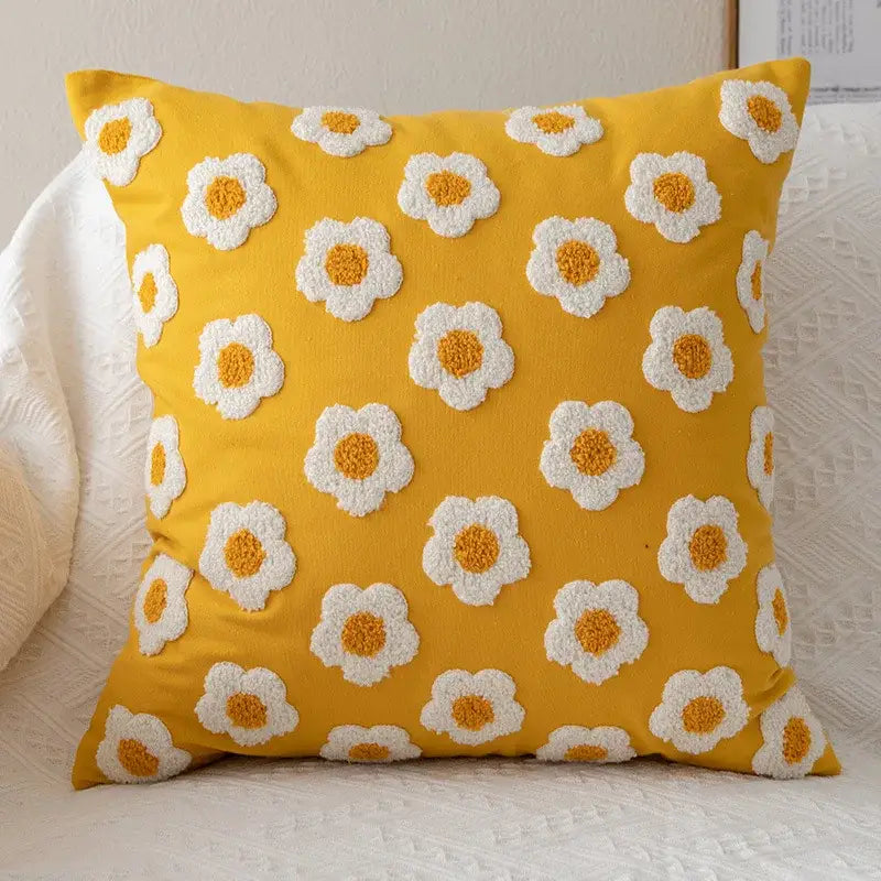 Yellow cushion pillow cover with white and orange daisy floral embroidery for decorbites living room decorbites daisy floral