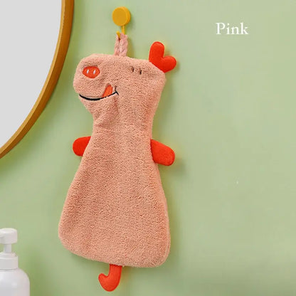 Pink plush pig-shaped hand towel with orange accents from decorbites cartoon animal hand kitchen dishcloth collection