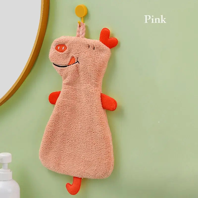 Pink plush pig-shaped hand towel with orange accents from decorbites cartoon animal hand kitchen dishcloth collection