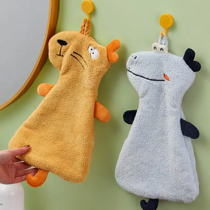 Yellow and gray decorbites cartoon animal hand towel dishcloths with plush texture embroidered faces and attached hooks