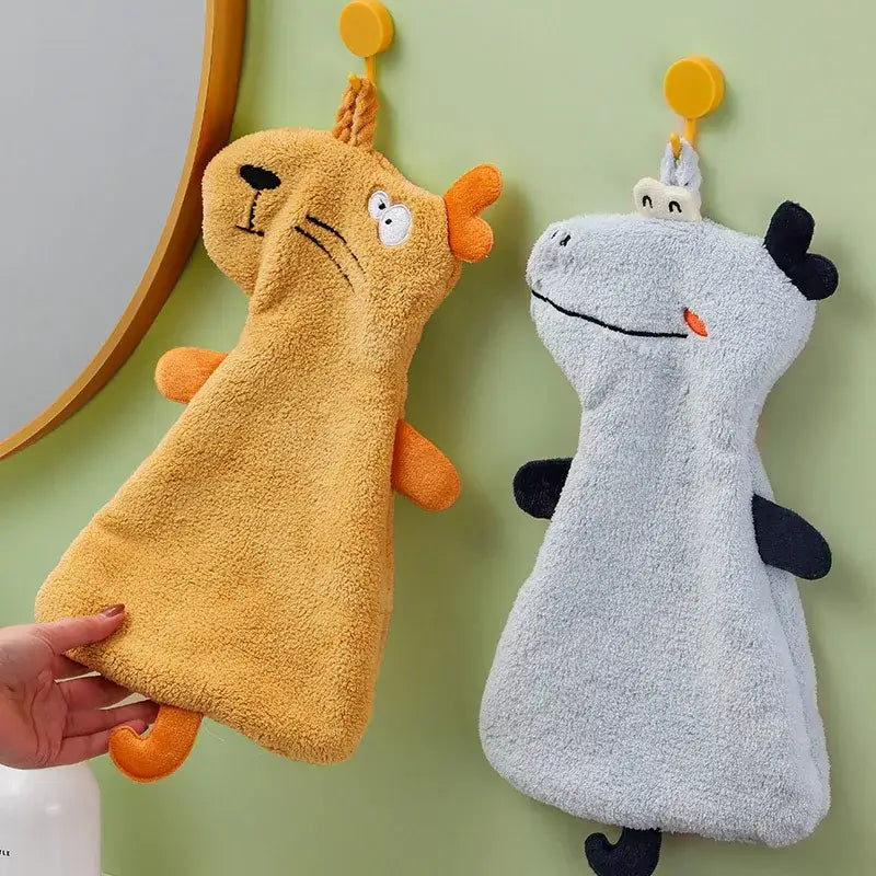 Yellow and gray decorbites cartoon animal hand towel dishcloths with plush texture embroidered faces and attached hooks