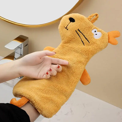 Yellow and gray decorbites cartoon animal hand towel featuring a plush mustard-yellow cat design with embroidered face