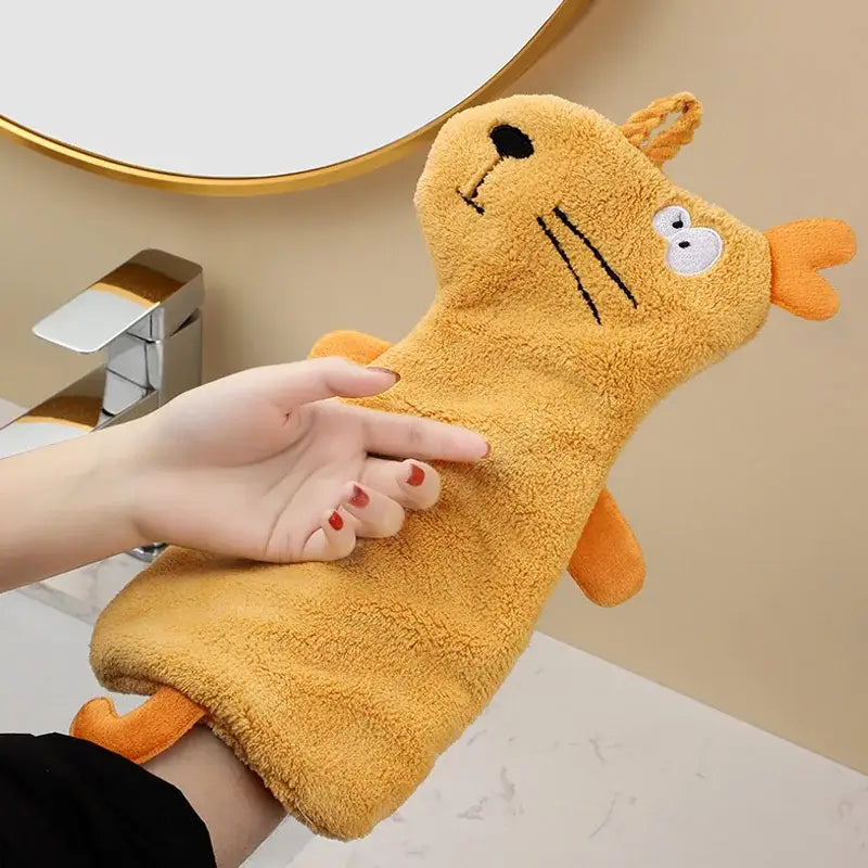 Yellow and gray decorbites cartoon animal hand towel featuring a plush mustard-yellow cat design with embroidered face