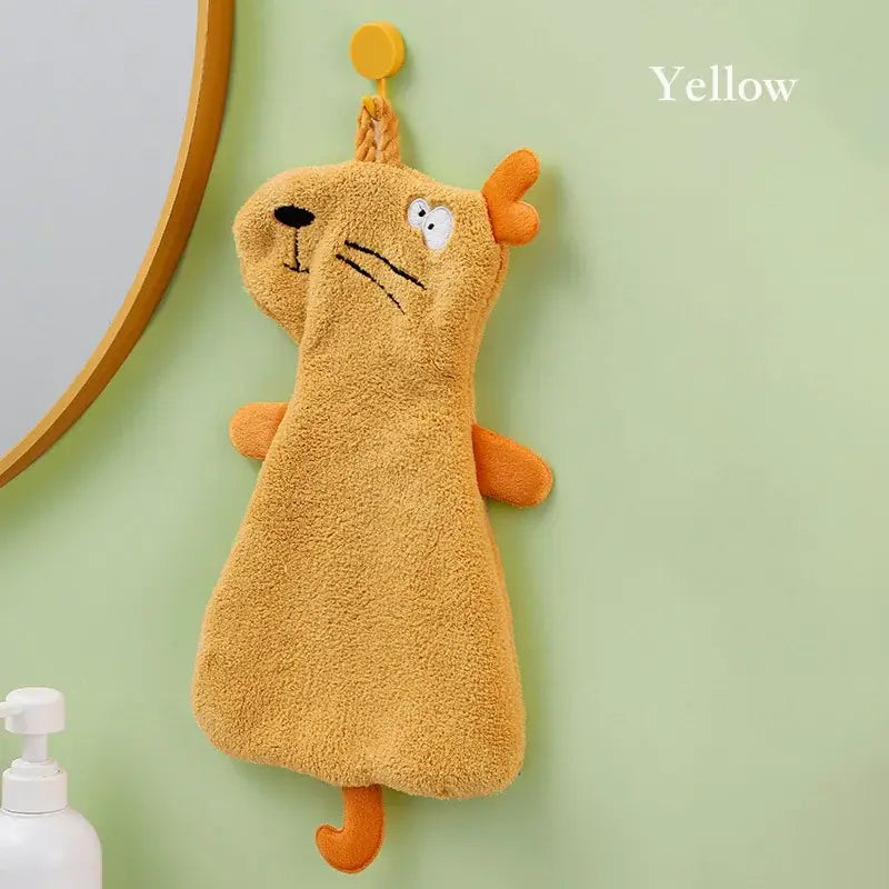 Yellow plush decorbites cartoon animal hand towel with embroidered face and hanging loop for kitchen use