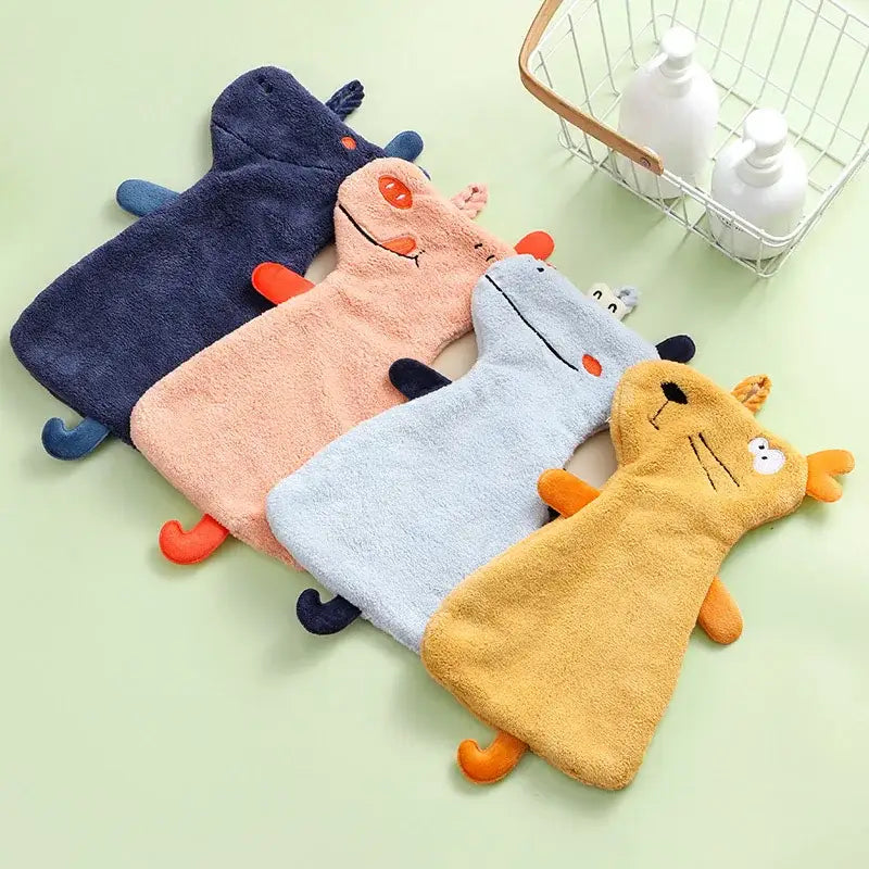 Soft plush hand towel set in navy blue mustard yellow peach and gray featuring decorbites cartoon animal hand faces