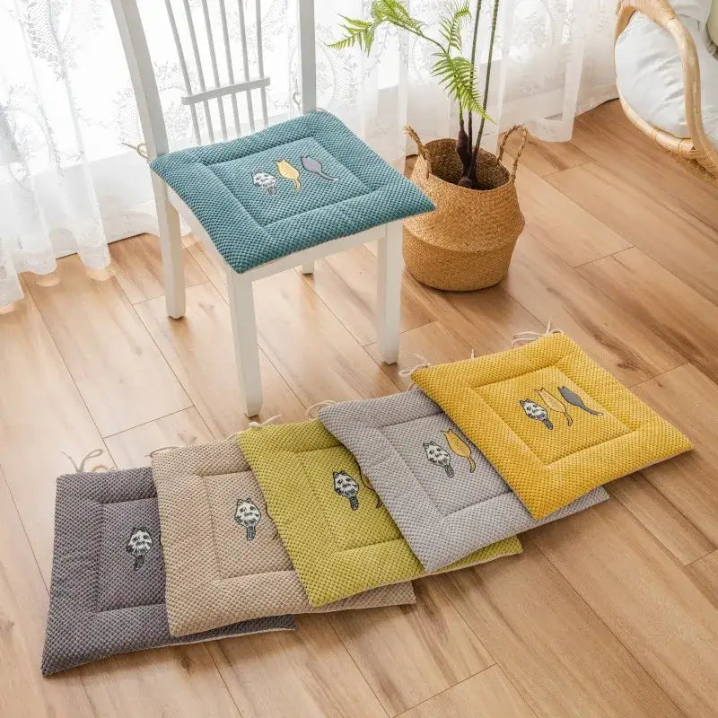 Teal quilted seat cushion with decorbites cartoon embroidered cat and bird design for dining room decor