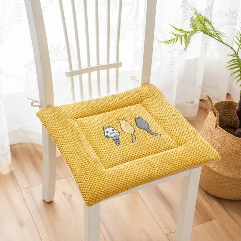 Yellow textured seat cushion with decorbites cartoon embroidered cat design for dining room pad use
