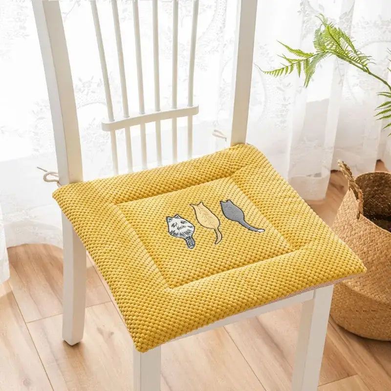 Yellow textured seat cushion with gray decorbites cartoon embroidered cat design dining room pad